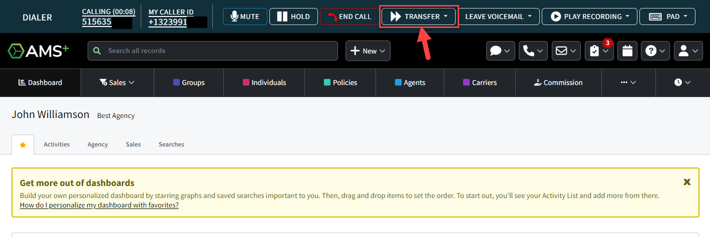Screenshot highlighting the Transfer button in the Phone Dialer interface