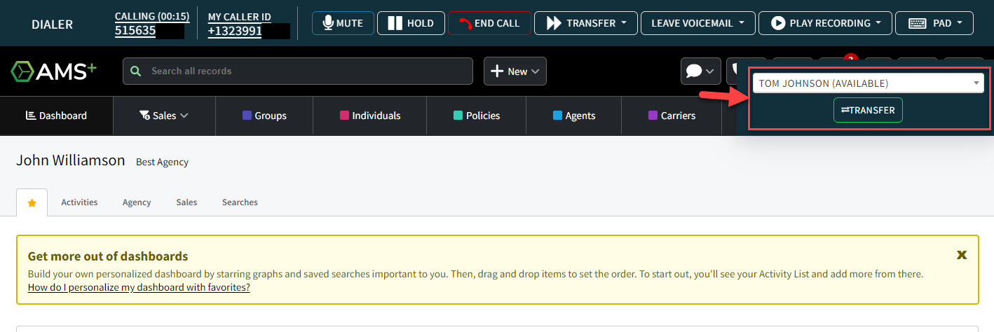 Screenshot showing how to select a user to transfer the call to in the Phone Dialer interface