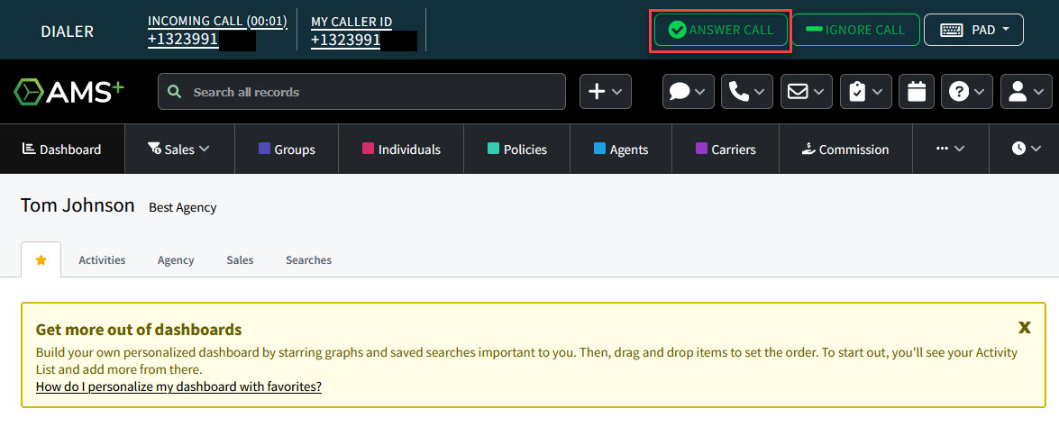 Screenshot showing how to answer a call transfer in the Phone Dialer interface
