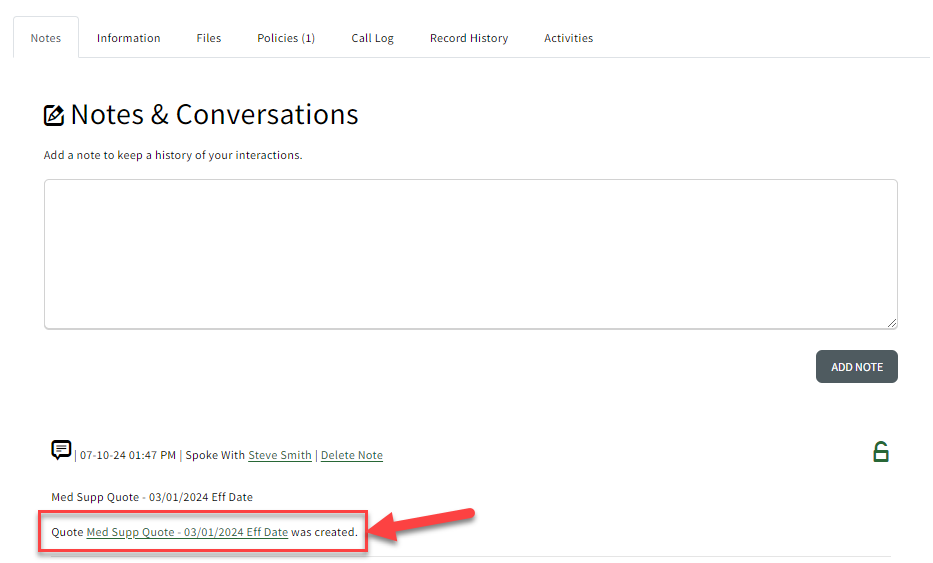 Screenshot showing a saved CSG quote under the Notes tab of a Sales Record