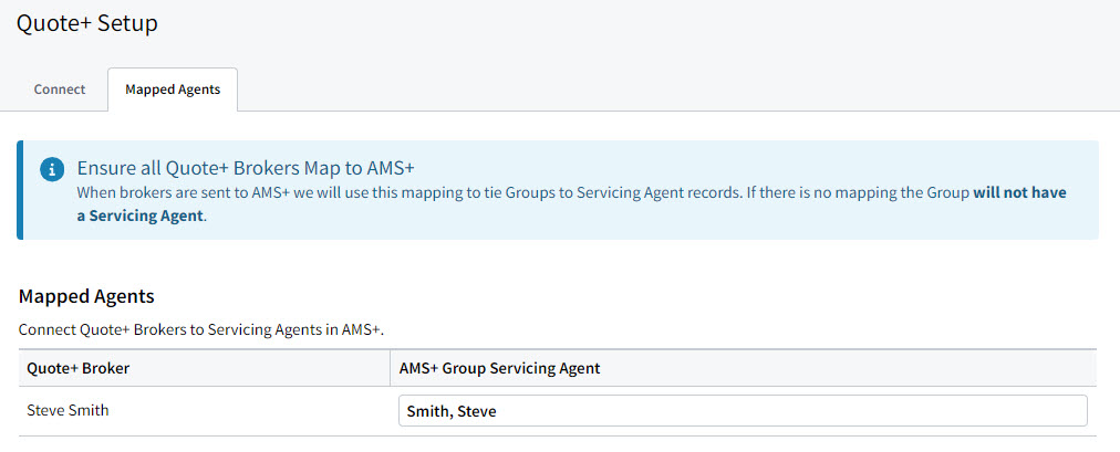 Screenshot showing the Mapped Agents tab in Quote+ integration settings