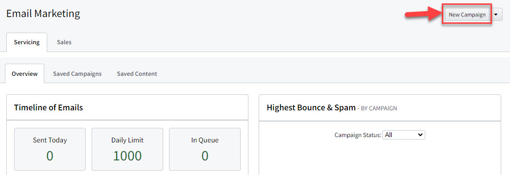 Screenshot showing the Servicing Email Campaign page and highlighting the New Campaign button