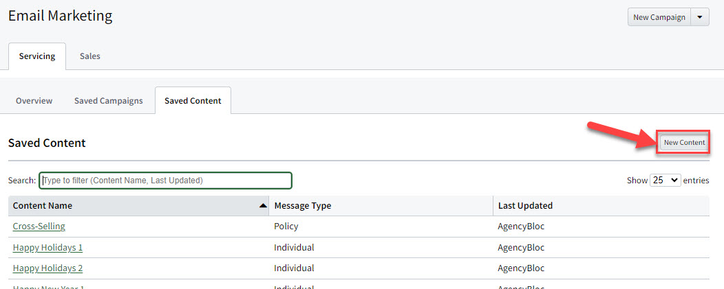 Screenshot showing how to add saved content in Email Marketing