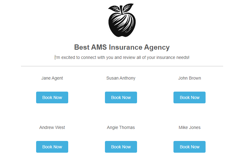 Screenshot showing an example of a landing page being used to list various agent calendars at an agency