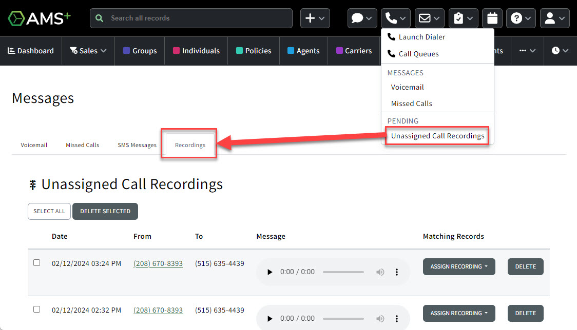 Screenshot showing the Unassigned Recordings page