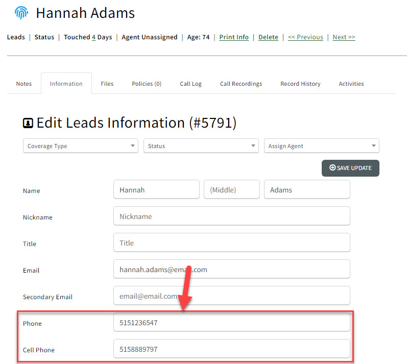 Screenshot showing the phone number fields on a Sales Record