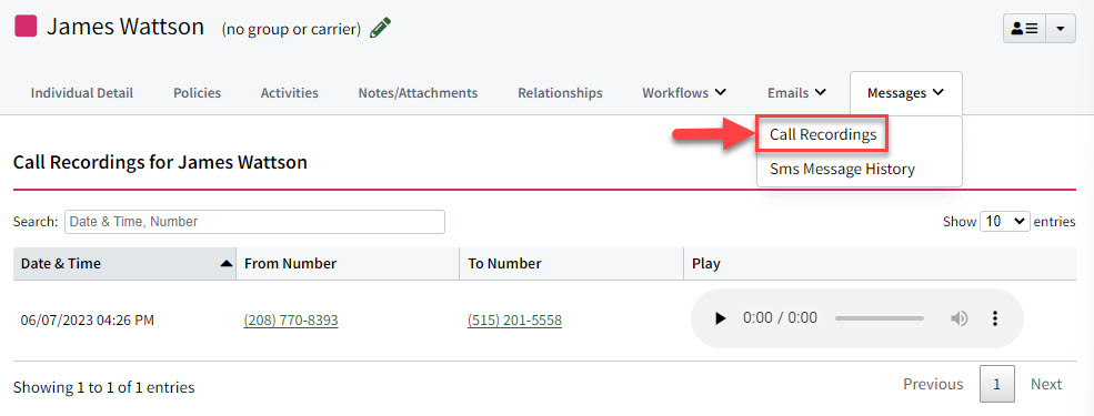 Screenshot showing the Call Recordings tab on an Individual Record