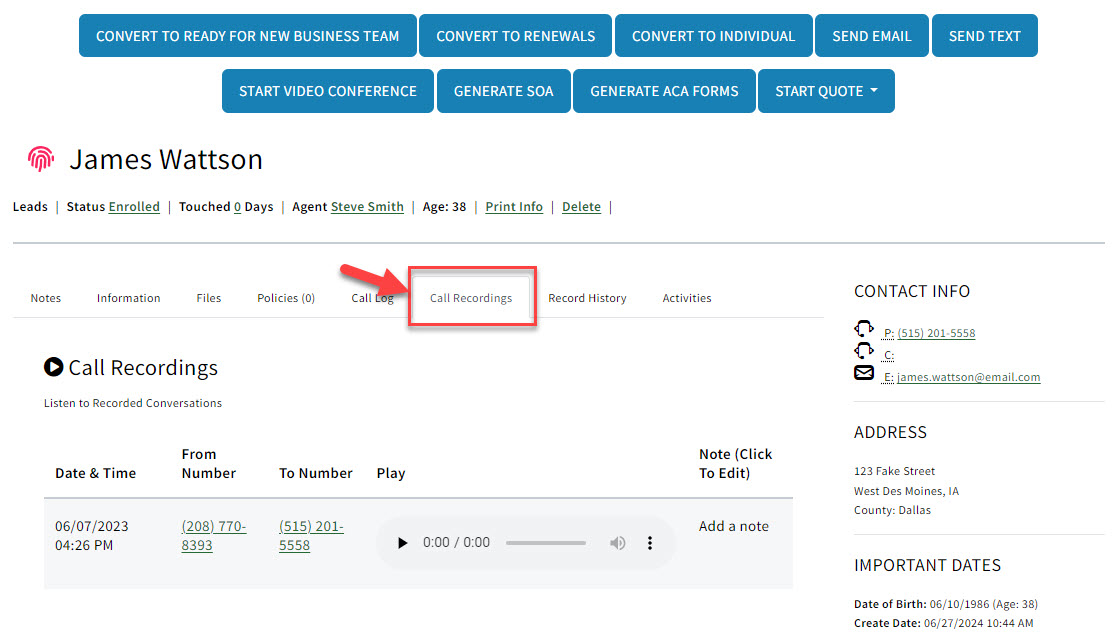 Screenshot showing the Call Recordings tab on a Sales Record