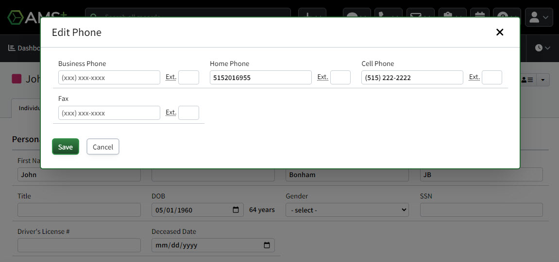 Screenshot showing the phone number fields on an Individual Record