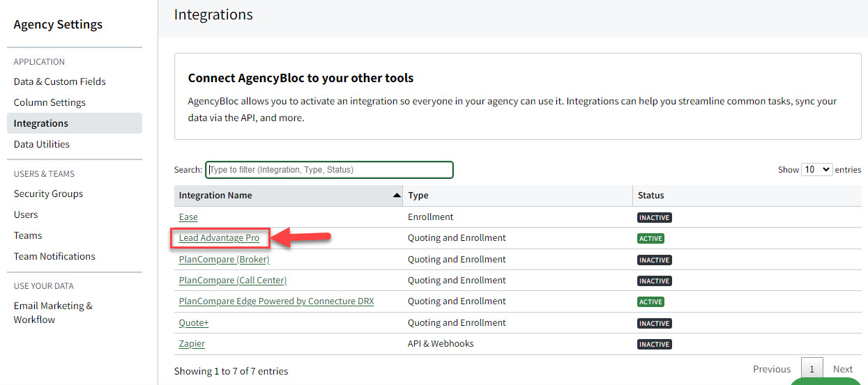 Screenshot showing where to activate the Lead Advantage Pro integration in Agency settings