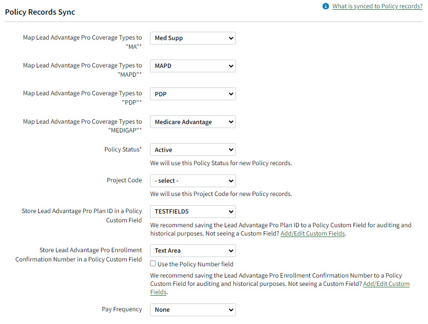 Screenshot showing the Policy Record Sync settings
