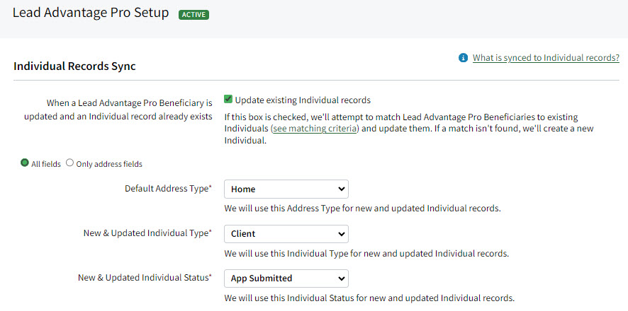 Screenshot showing the Individual Record Sync settings