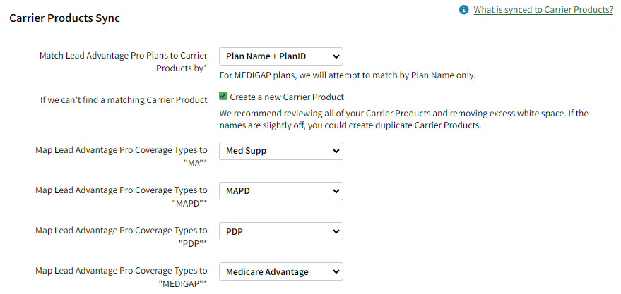 Screenshot showing the Carrier Produc Sync settings
