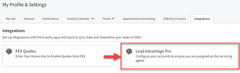 Screenshot showing the Lead Advantage Pro integration settings in My Account settings