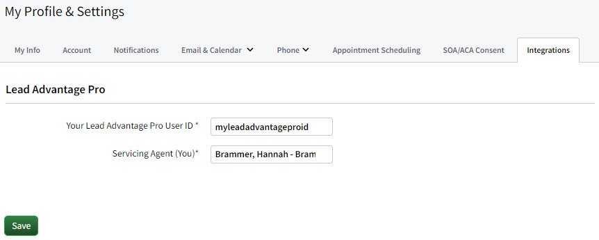 Screenshot showing the Lead Advantage Pro User ID and Servicing Agent fields in the Lead Advantage Pro integration settings within My Account settings