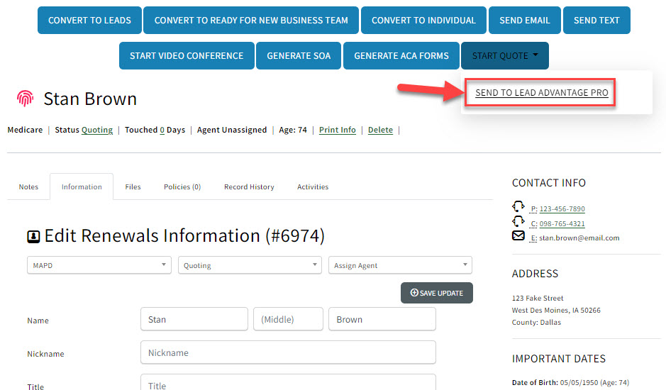 Screenshot showing how to start Lead Advantage Pro quotes on a Sales Record