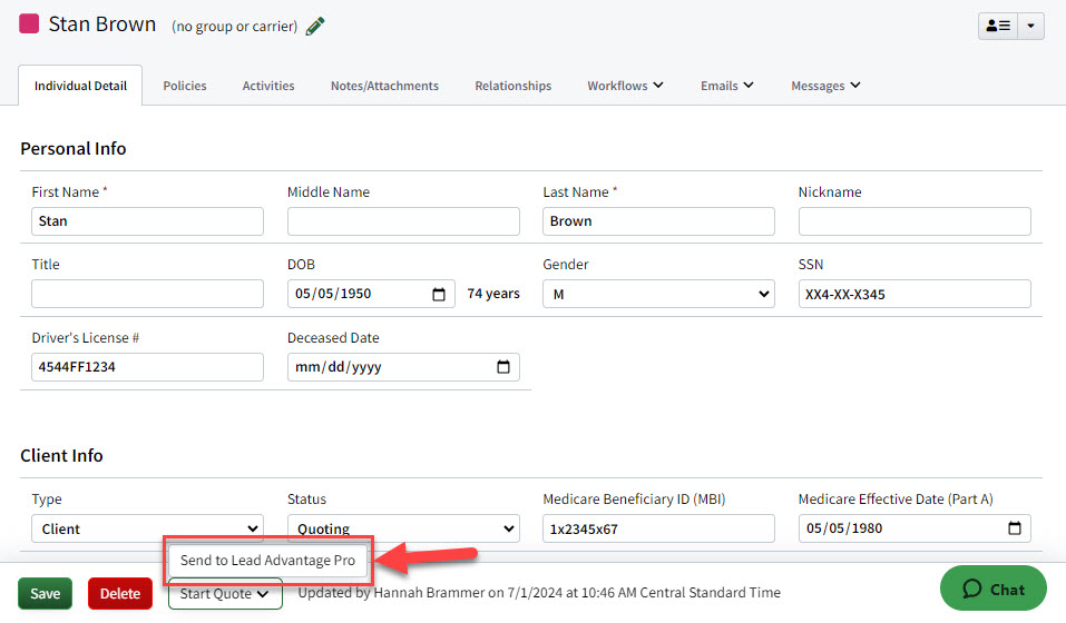 Screenshot showing how to start Lead Advantage Pro quotes on an Individual Record