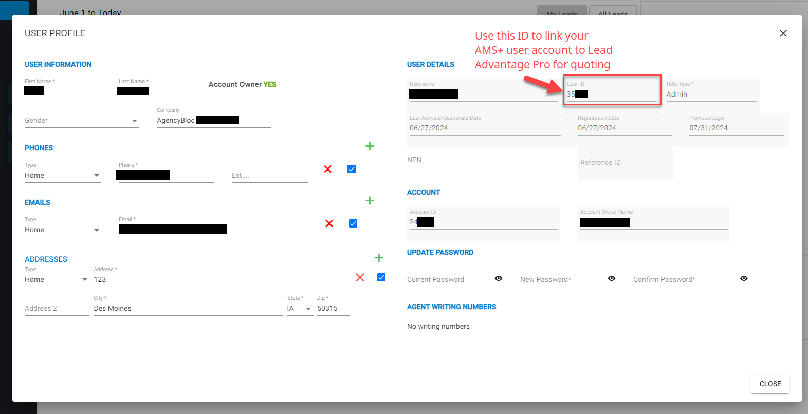 Screenshot showing the Lead Advantage Pro User ID when logged into Lead Advantage Pro
