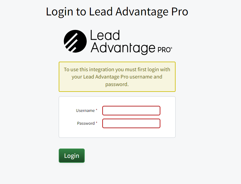 Screenshot showing the Lead Advantage Pro login page
