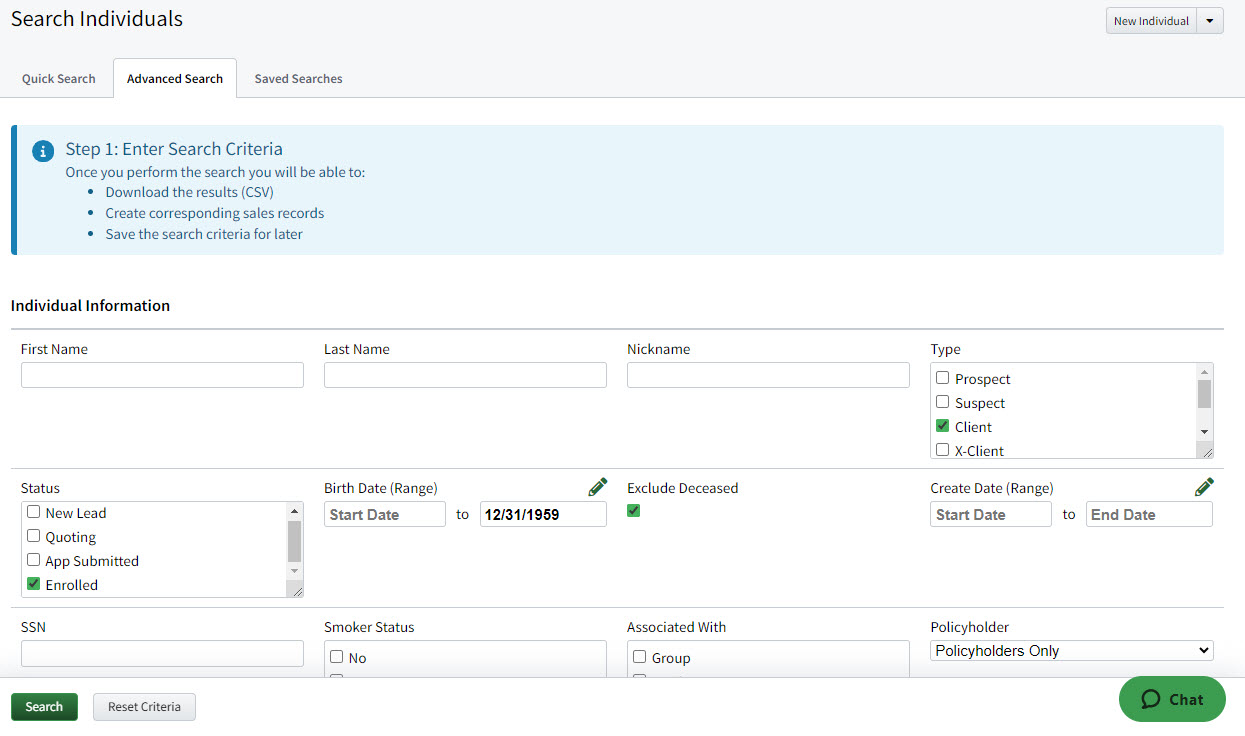 Screenshot showing some of the Individual Advanced Search filter criteria