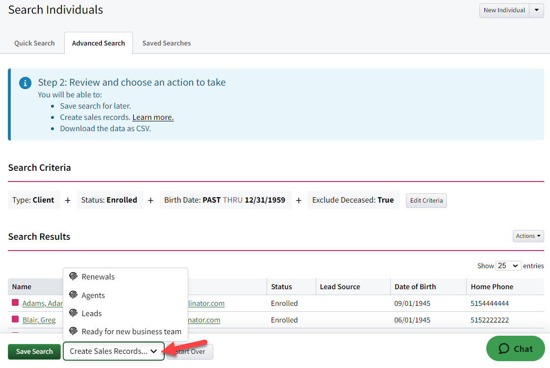 Screenshot highlighting the Create Sales Records button on the Search Results screen, which displays upon running a search