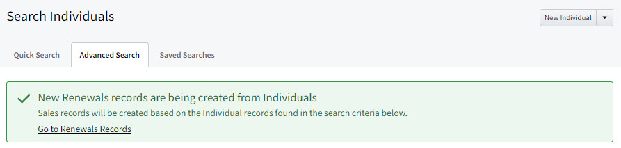 Screenshot showing the success message after creating Sales Records for the found Individual Records