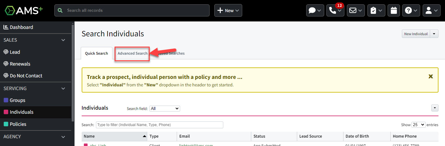 Screenshot showing how to navigate to Individual Advanced Search