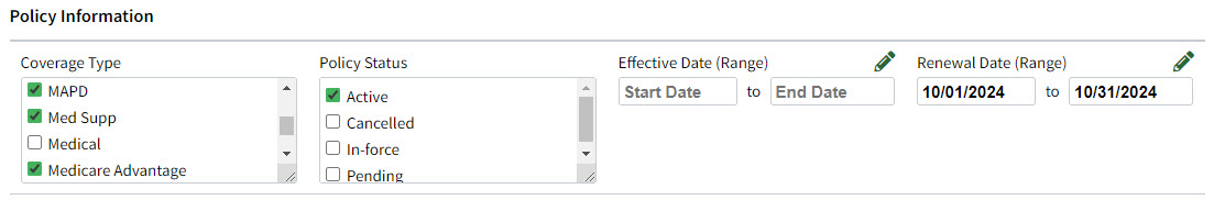 Screenshot showing Policy-specific filter criteria in the Individual Advanced Search