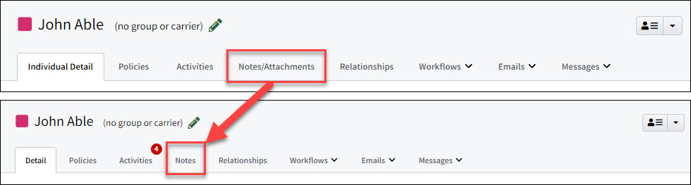 Screenshots showing the Notes/Attachments tab re-labeling