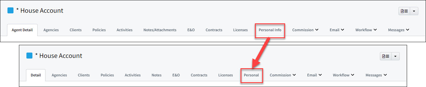 Screenshots showing the Personal Info tab re-labeling