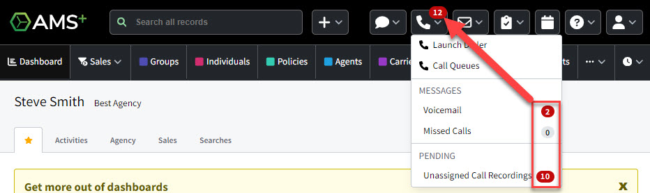 Screenshot showing the new notification badge and counts on the Phone icon in the AMS+ header