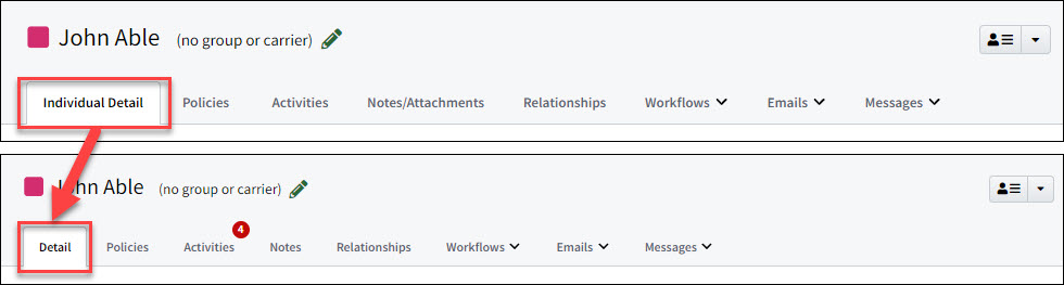 Screenshots showing the Record Detail tab re-labeling