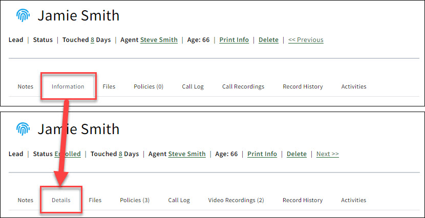 Screenshots showing the Information tab re-labeling