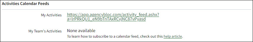 Screenshot showing the user's Activities Calendar Feeds links on the My Info tab