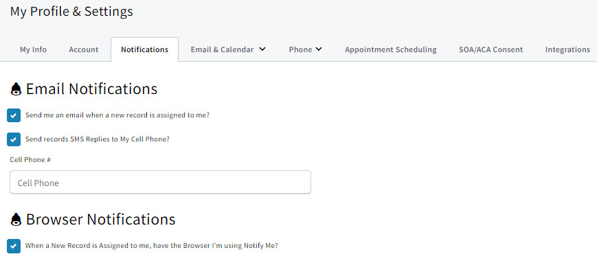 Screenshot showing the Notifications tab in My Account Settings