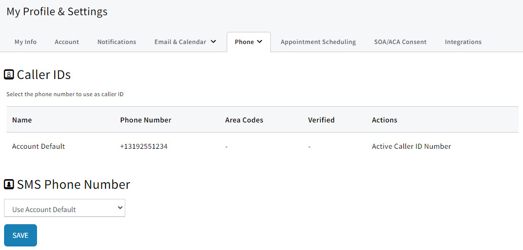 Screenshot showing the user's Caller IDs on the Notifications tab