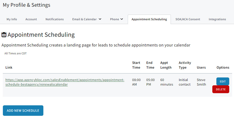 Screenshot showing the user's Appointment Schedulers on the Appointment Scheduling tab