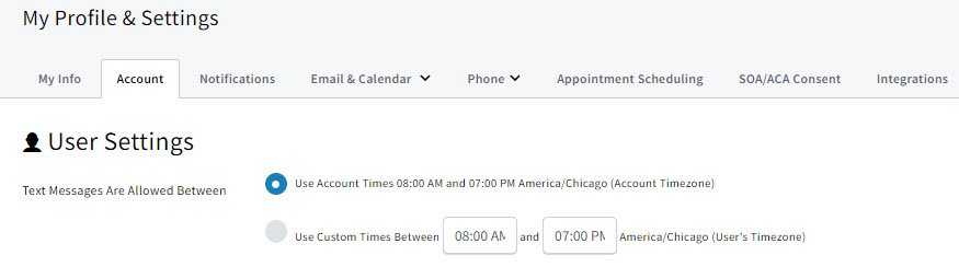 Screenshot showing the allowable texting times on the Account tab