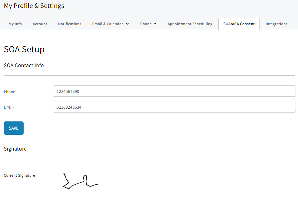 Screenshot showing the user's SOA and ACA Consent Form contact info on the SOA/ACA Consent Forms tab