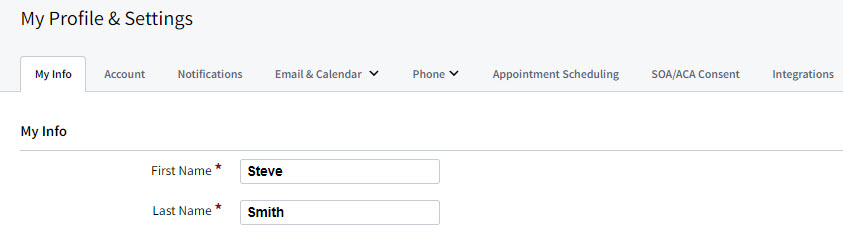 Screenshot showing the user's first name and last name fields on the My Info tab