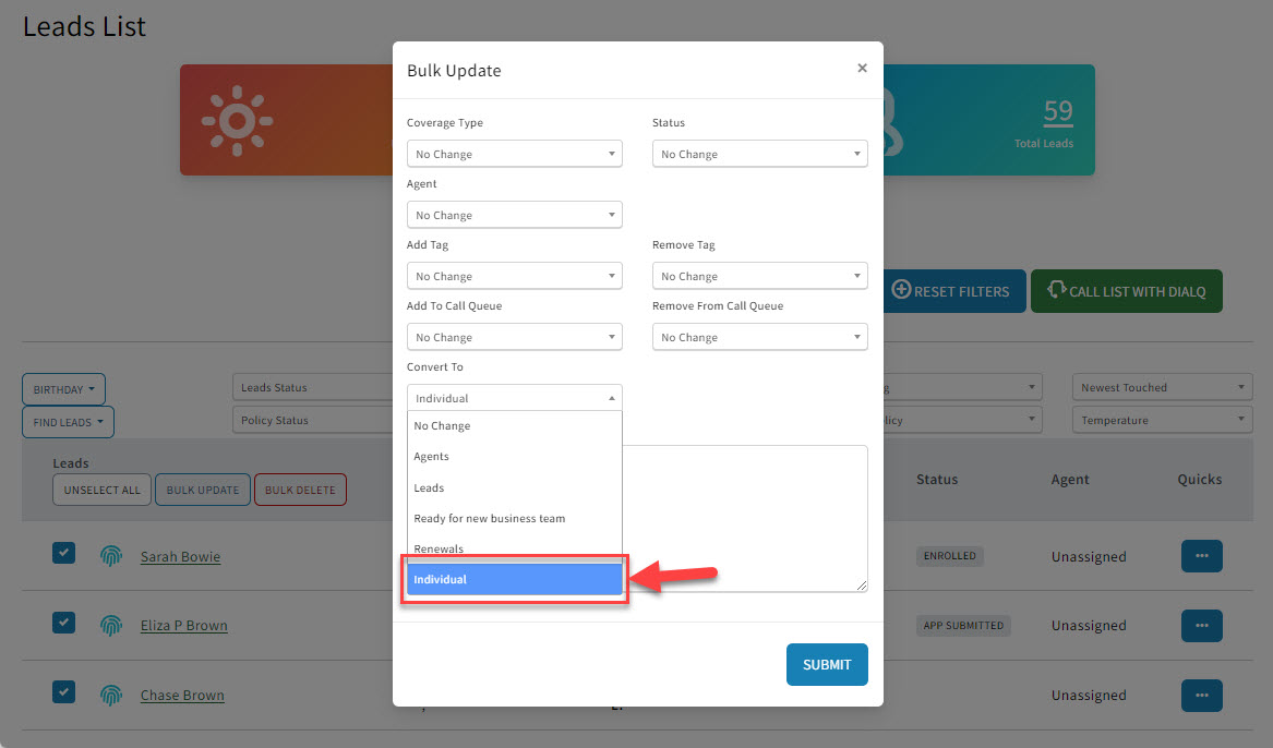 Screenshot showing how to mass convert Sales Records