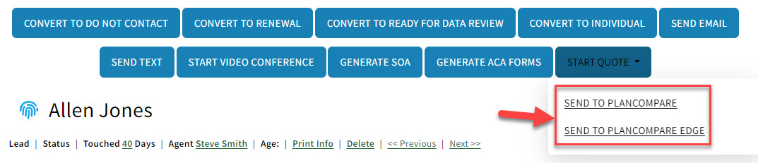 Screenshot showing the PlanCompare integration buttons on a Sales Record