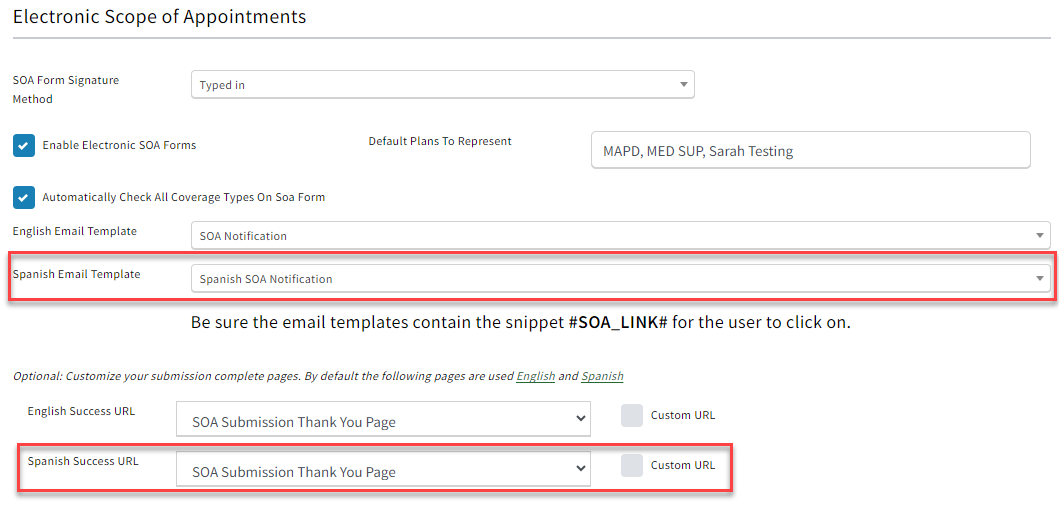 Screenshot highlighting the Spanish email template and success URL in Scope of Appointment settings
