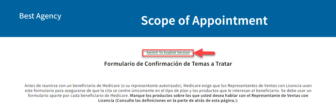 Screenshot highlighting the option to switch between Spanish and English text in the Scope of Appointment form