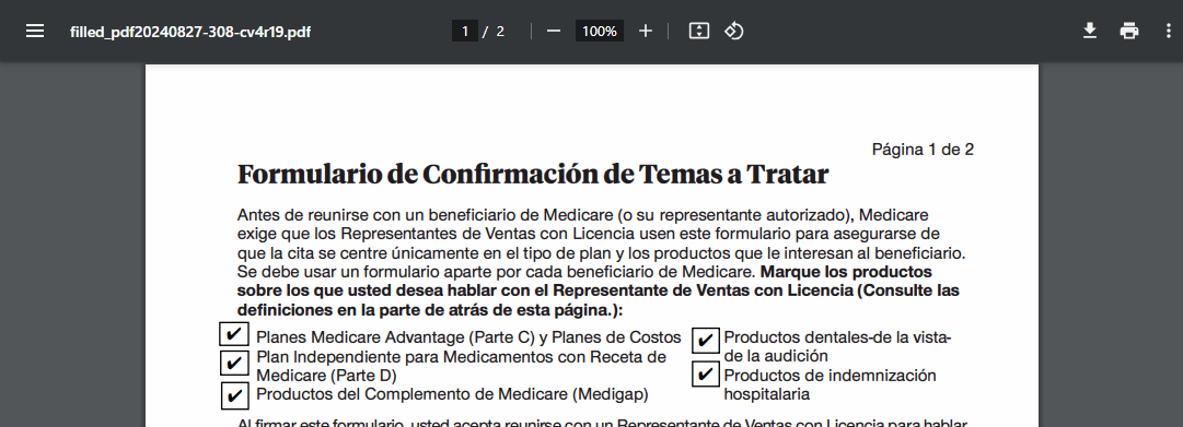 Screenshot showing an example of a signed Spanish Scope of Appointment form