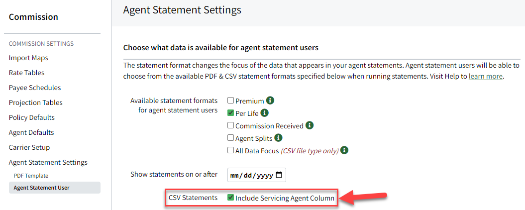 Screenshot showing the new Agent Statement Setting for including Servicing Agent as a column in Agent Statements