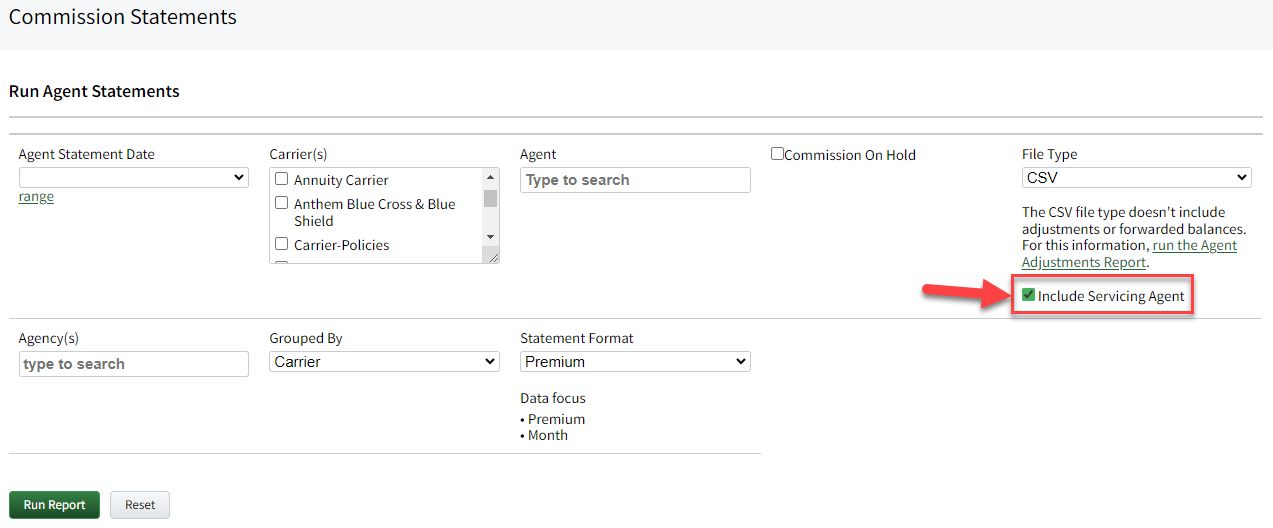 Screenshot showing the new setting for including a Servicing Agent column on the Agent Statements report page