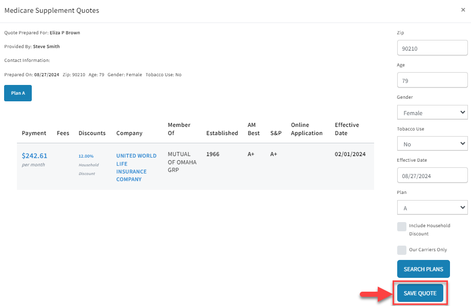 Screenshot showing how to save a CSG quote to the Sales Record