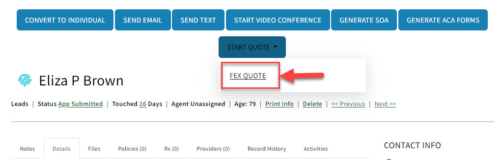 Screenshot showing how to start an FEQ Quote from a Sales Record