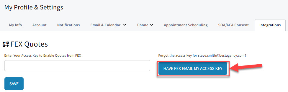 Screenshot highlighting a button to click to have FEX email the user their FEX access key